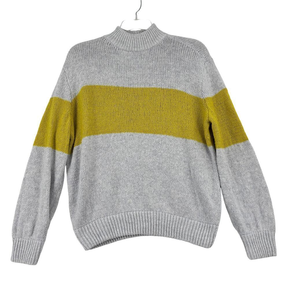 Aerie Pullover Sweater Size M Gray Yellow Color Block Oversized Mock Neck